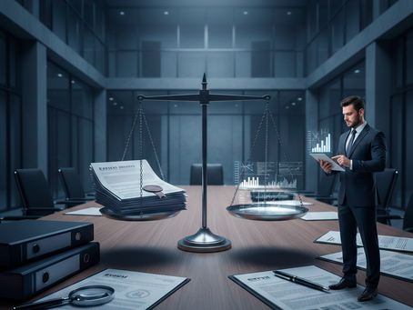 Cena conceitual e corporativa representando equilíbrio técnico em processo judicial. Ambiente que remete a um tribunal moderno e sóbrio.