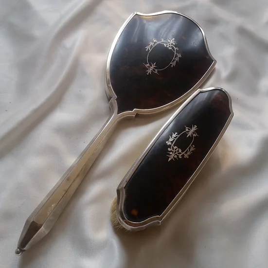 Antique 1923 English Inlaid Tortoiseshell Silver Hand Mirror And Inlaid Tortoiseshell Silver Hand Mirror