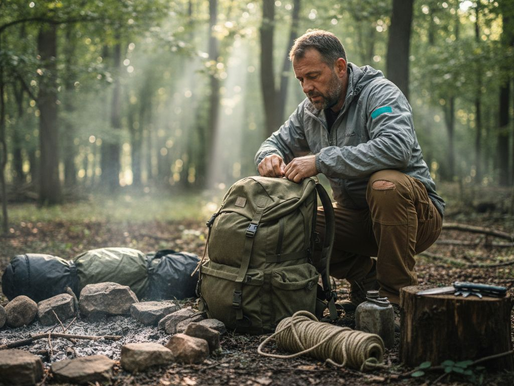 Un homme s'installe en pleine forêt pour organiser un campement de survie.