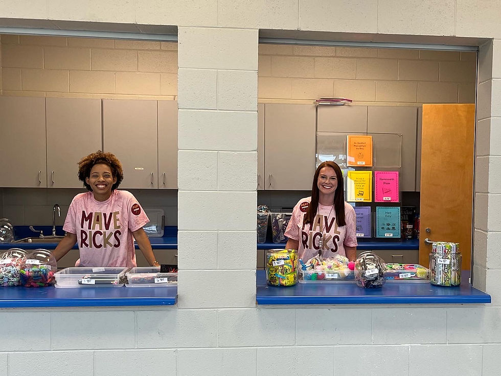 Ms. Slay (3-5 Counselor) and Mrs. Helton (Assistant Principal) are ready to help students exchange brag tags for prizes at the PBIS Store!