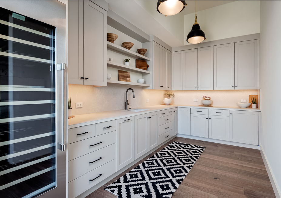 Pantry storage, paint finish, single sink, wine cooler