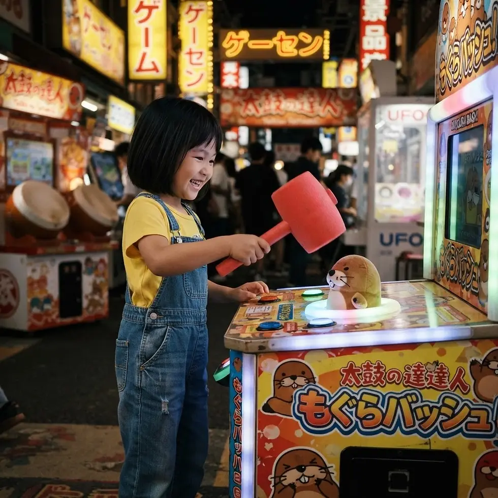 Street photography of a young girl playing a Whac-A-Mole game in a vibrant Japanese arcade. The neon lights create an energetic and playful atmosphere.