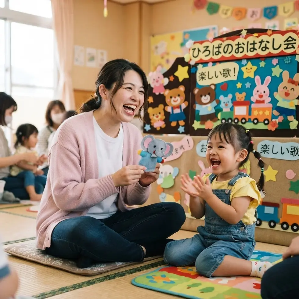 Studio photography of a teacher using an elephant hand puppet to entertain a laughing child in a colorful preschool setting. The atmosphere is joyful and educational.