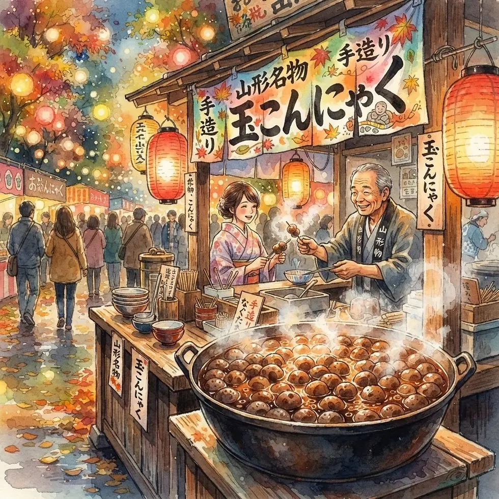 Watercolor illustration of a Japanese street food stall selling konjac skewers. A vendor serves a customer amidst a vibrant, autumnal festival atmosphere with glowing lanterns.