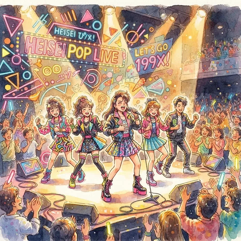 Digital illustration of a retro J-pop group performing live on a vibrant, neon-lit stage with an excited audience.