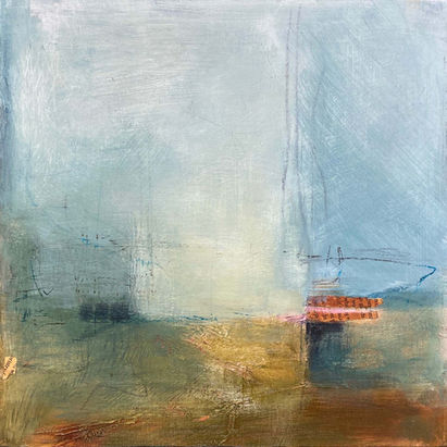 Abstract painting in earthy greens and pale blues showing a shoreline and grass. 