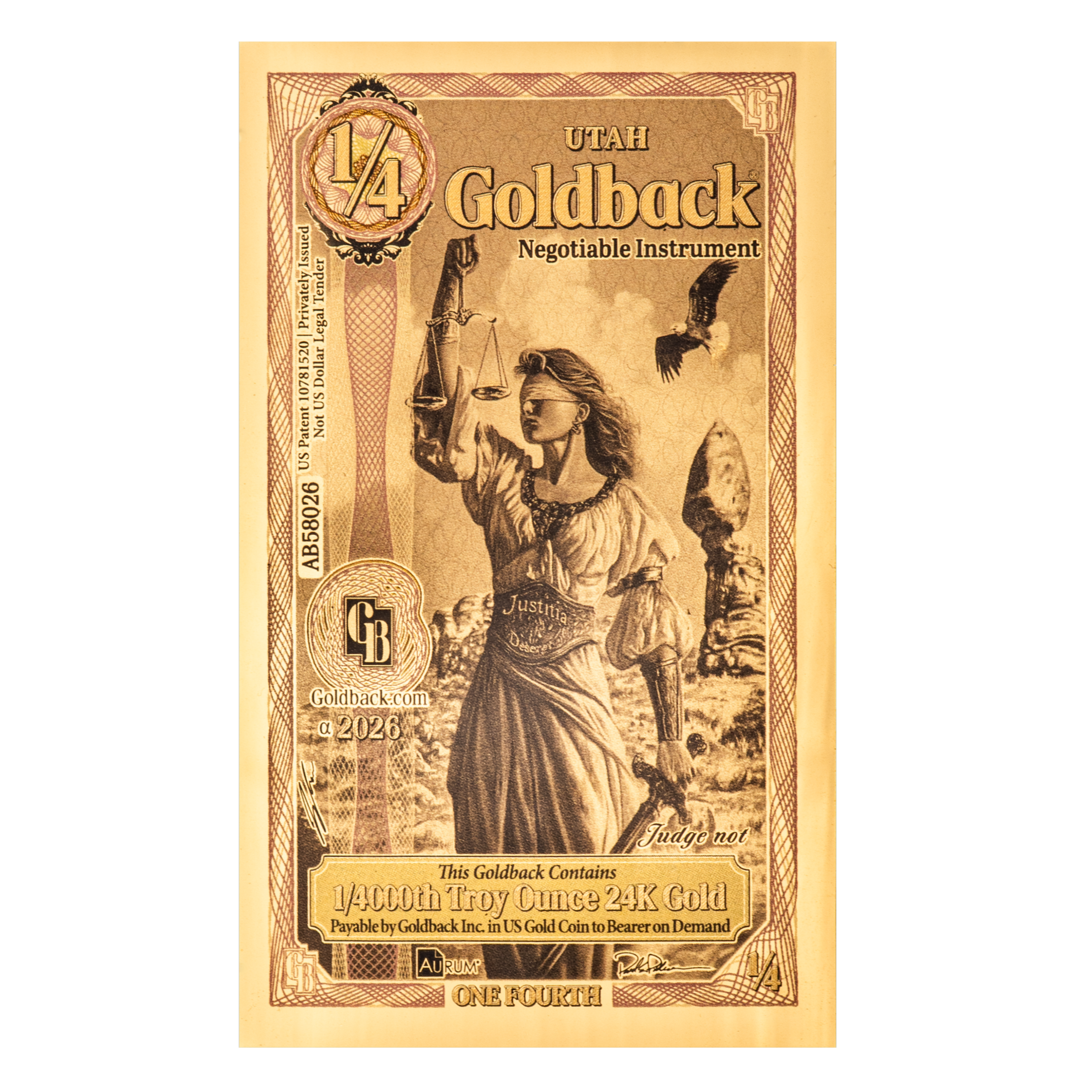 Utah 1/4 Goldback obverse