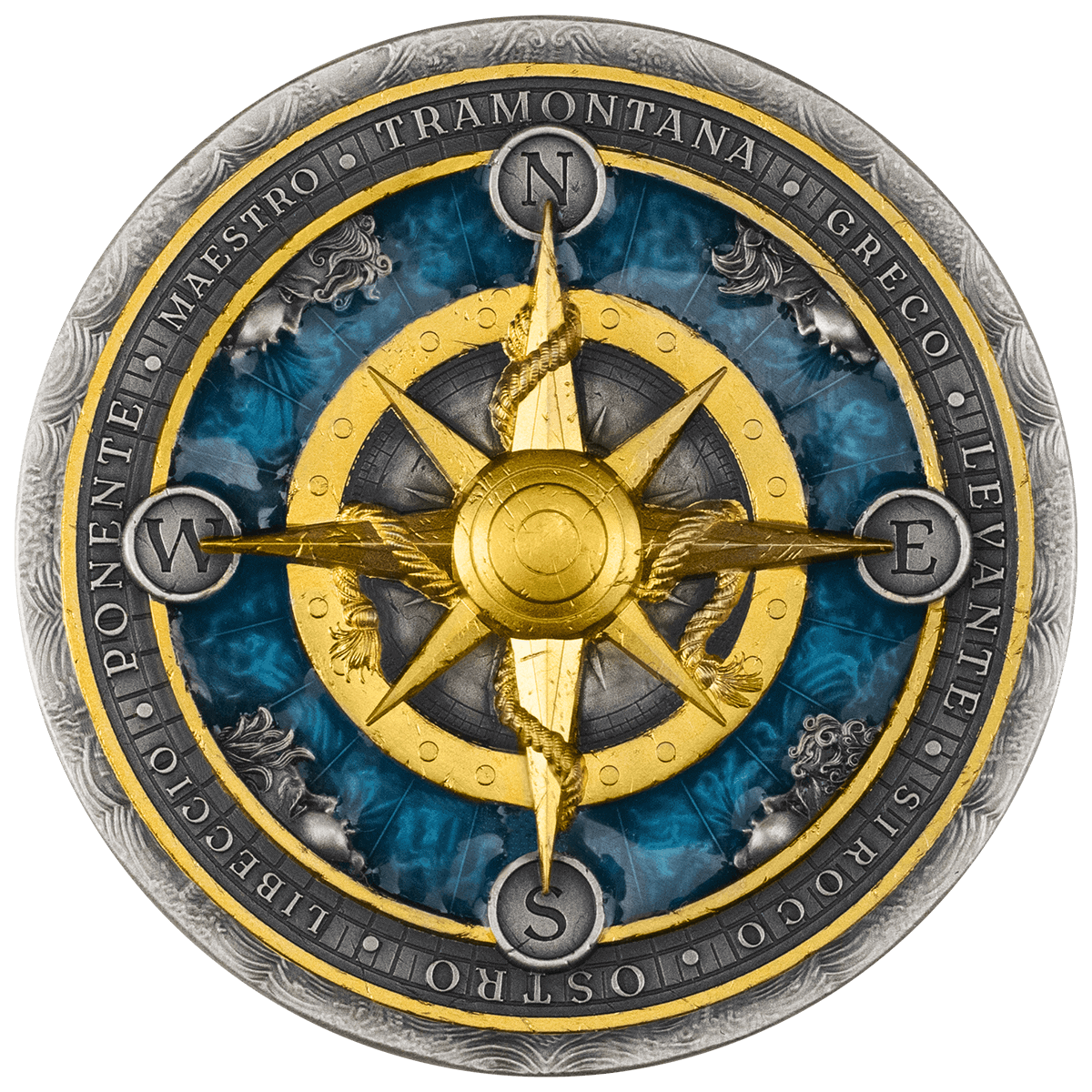 2026 Niue Compass Rose 2 oz Silver Antiqued Gilded Resin-Filled Coin Reverse