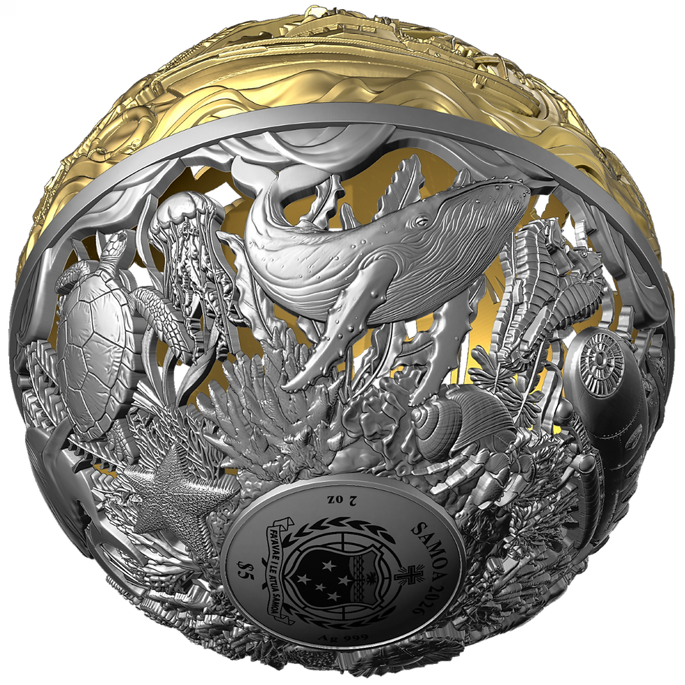 Thumbnail: 2026 Samoa Filigree Spherical Sea & Surface 2 oz Silver Antiqued Coin
