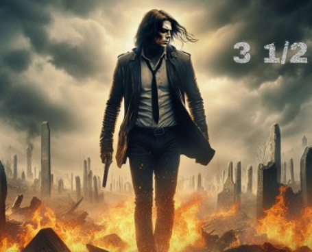 Man with long hair wearing an open suit walks through fire in a post-apocalyptic city