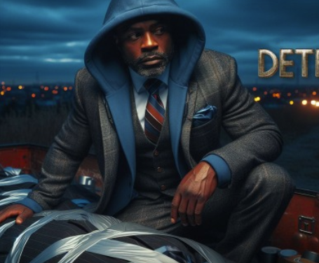 Man in a suit and a hoodie hovering over a dead body in a crime scene