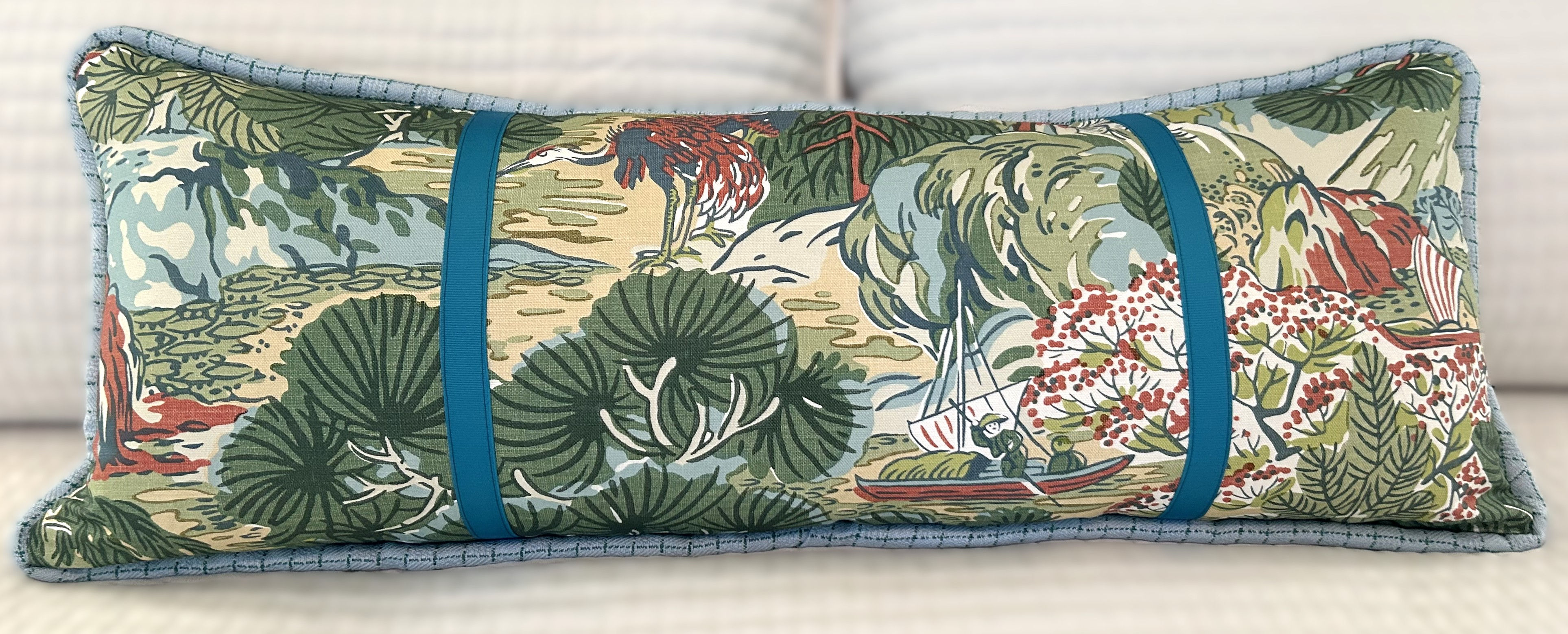 The Thibault Chinoiserie Lumbar Pillow Cover in the Pagoda Trees Pattern brings an elegant, timeless charm with its intricate