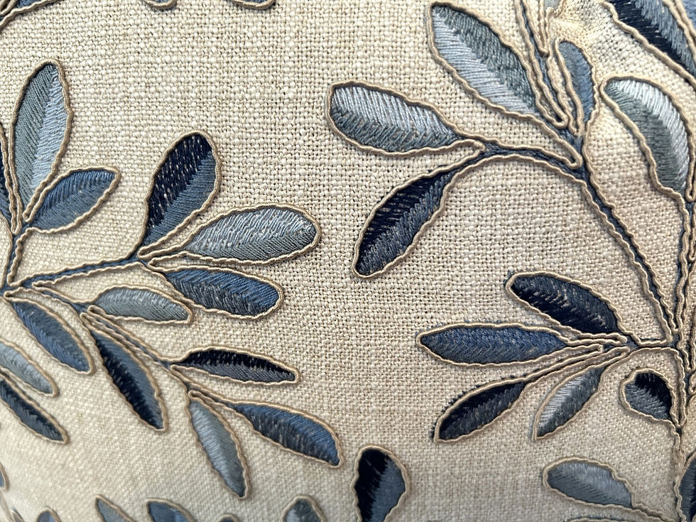 Thumbnail: A Neutral Toned Background beautifully highlights the intricate details of the Blue Leaf Embroidery Linen Pillow Cover. The m