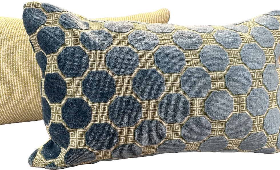 Thumbnail: Schumacher Velvet Greek Key Pillow Cover in Peacock Blue and Lime Green