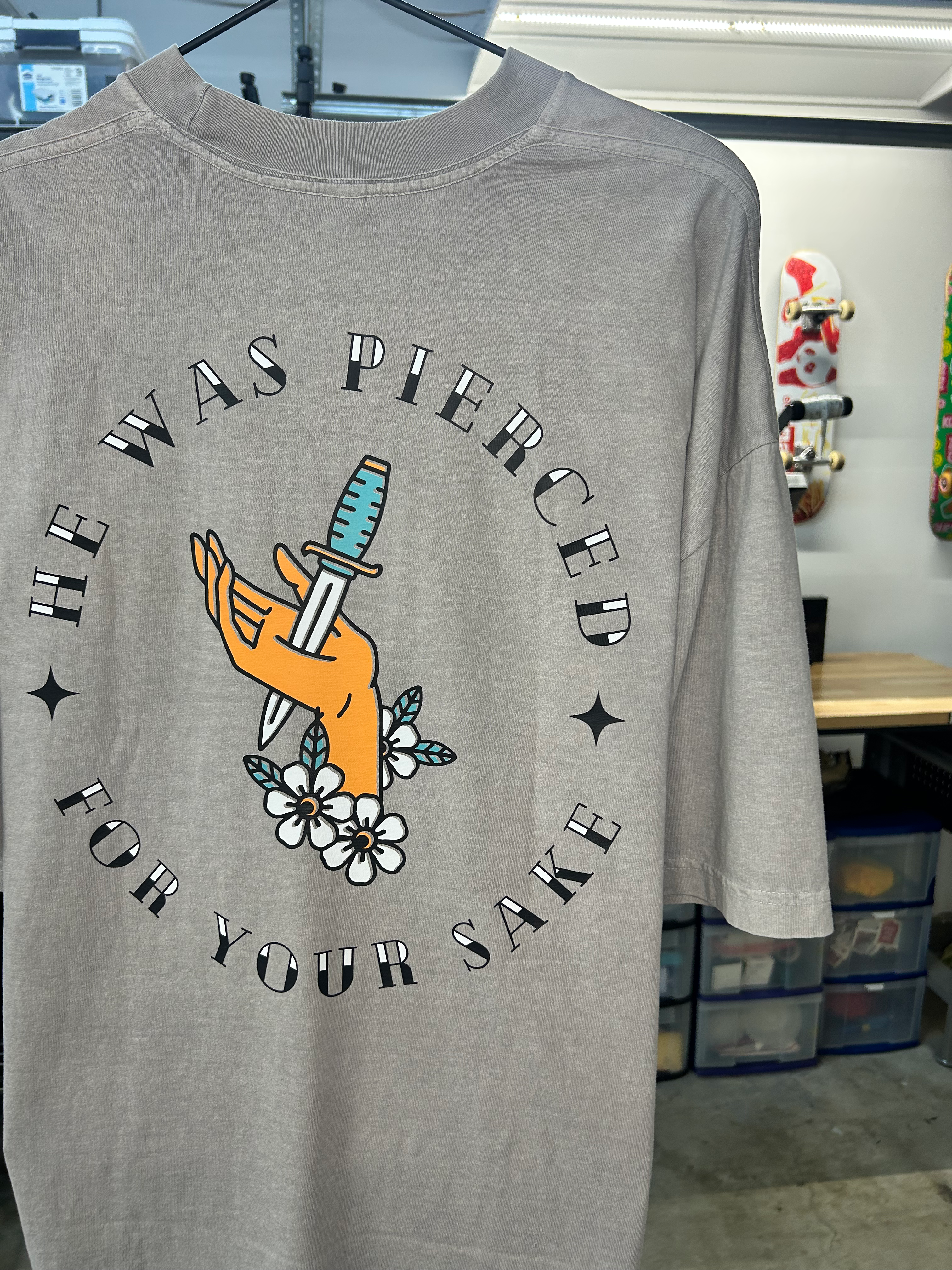 Pierced for Your Sake Adult Tee! ✝️⚔️🌸 (Grey)