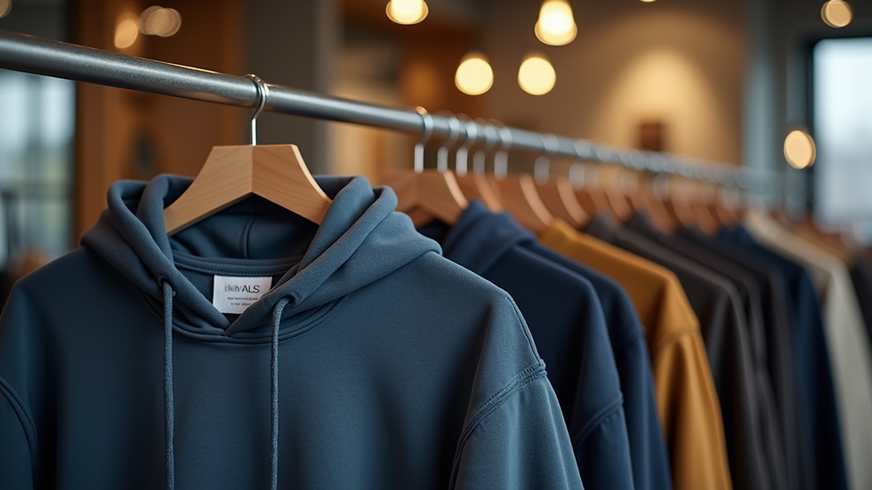 Eye-level view of a stylish hoodie hanging on a rack in a boutique