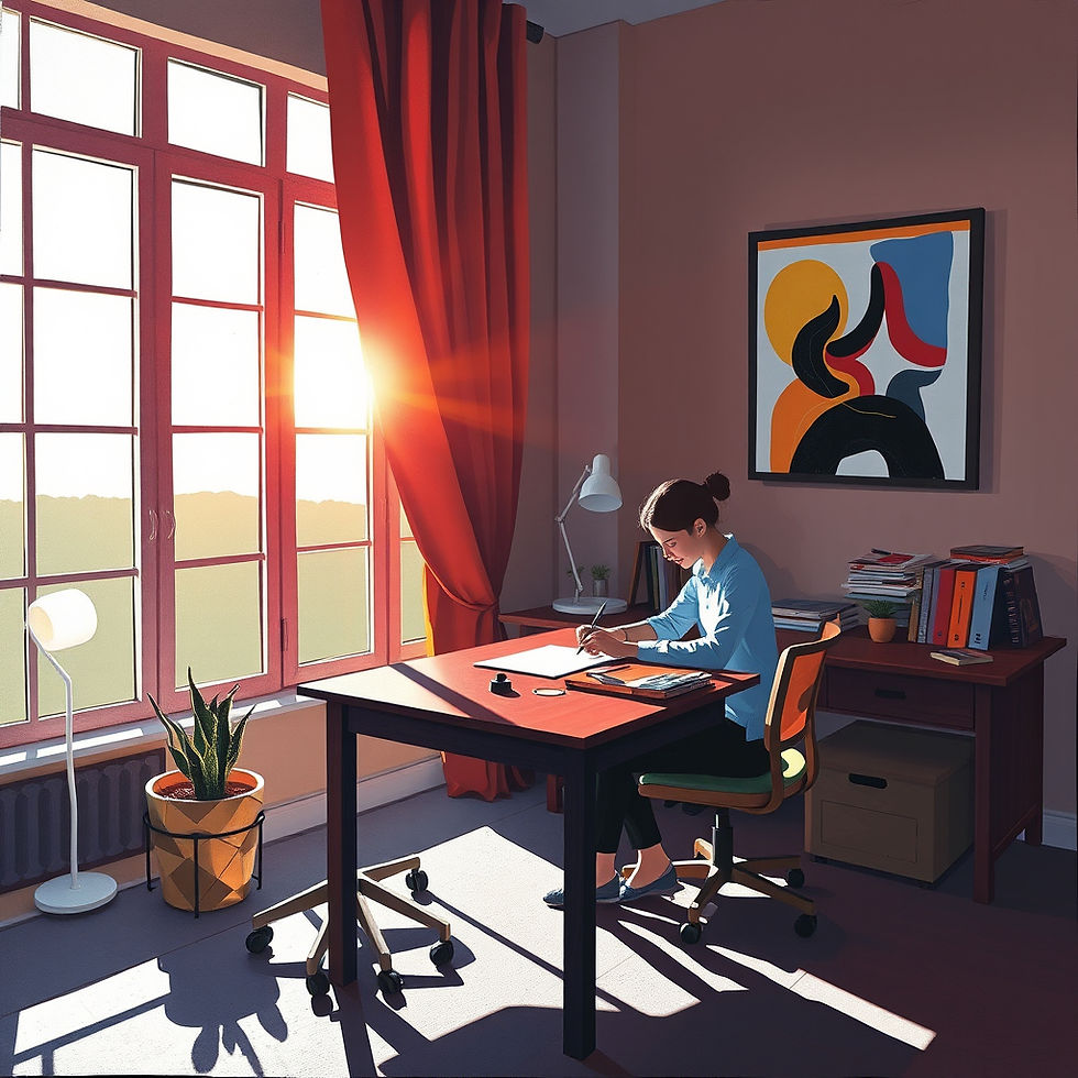 uma pessoa sentada em sua mesa de escritório, de frente a uma janela entrando luz do sol,