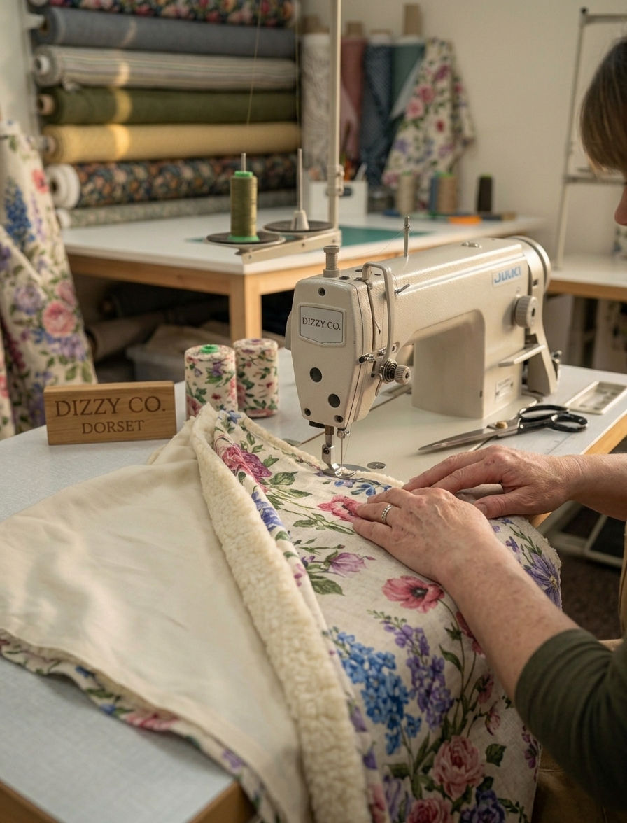 Close-up of thick cotton interlining being stitched between a premium floral face fabric and a backing lining on a professional sewing machine at the Dizzy Co Dorset studio.