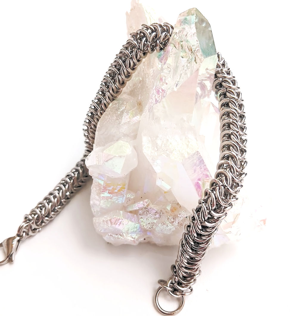 Small link chunky box weave chain mail bracelet in stainless steel on crystal