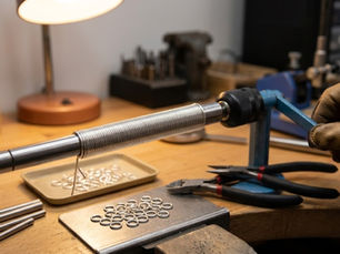 Chain Maille jump rings on a maderal