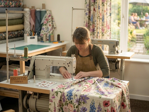 A woman in a workshop using a professional sewing machine to craft custom curtains featuring a vibrant, summery floral pattern in Dorset.