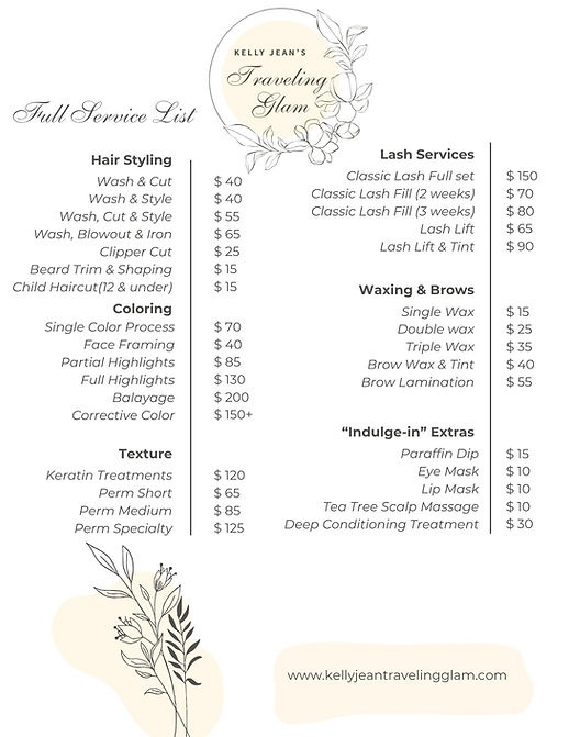 Hair Styling Price List
