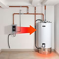 Create a visual of a domestic water heater setup with plumbing lines connecting to a compa