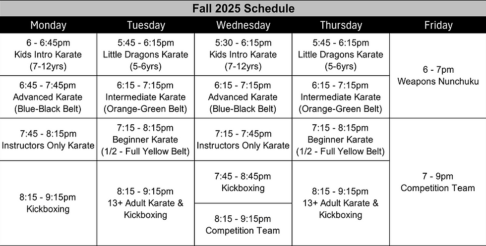Capicio Zen Karate and Kickboxing 2025 Fall Schedule
