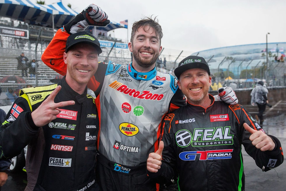 The top three finishers at Formula Drift Long Beach 2024 Round 1