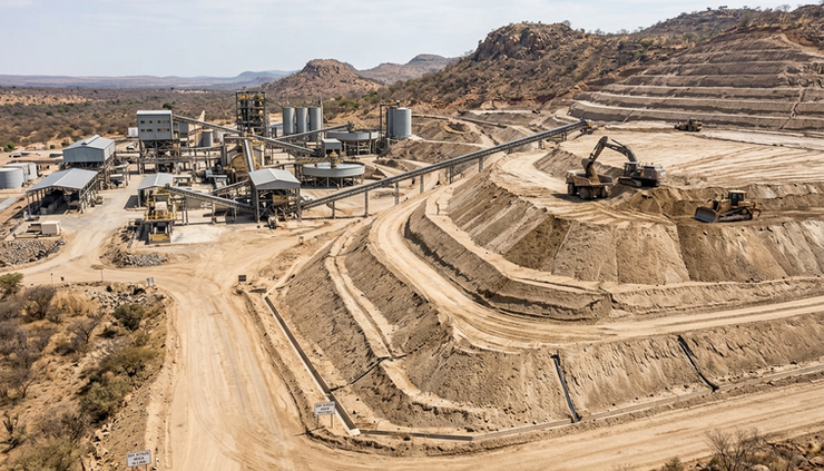 Wide-angle view of a dry stack tailings facility beside a mineral processing plant