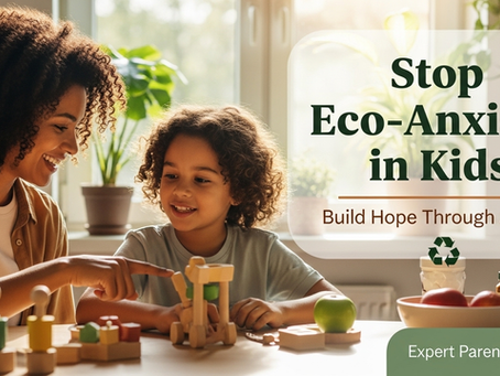 Smiling mother and child discussing eco-friendly products at kitchen table with organic food and wooden toys, representing positive environmental education and overcoming eco-anxiety in children