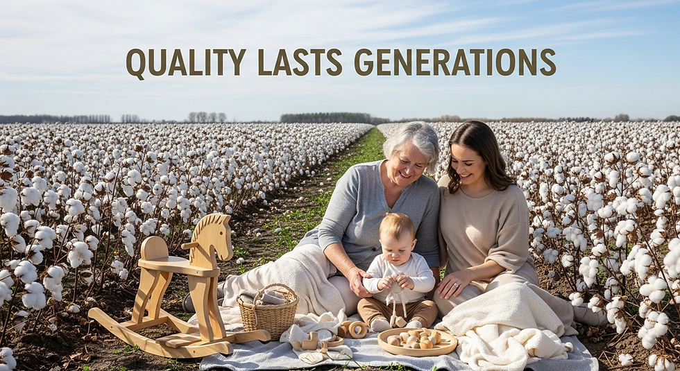 Drei Generationen auf Baumwollfeld: Oma, Mutter, Baby mit Holzspielzeug. Text "QUALITY LASTS GENERATIONS". Sonniger Tag, glückliche Stimmung.