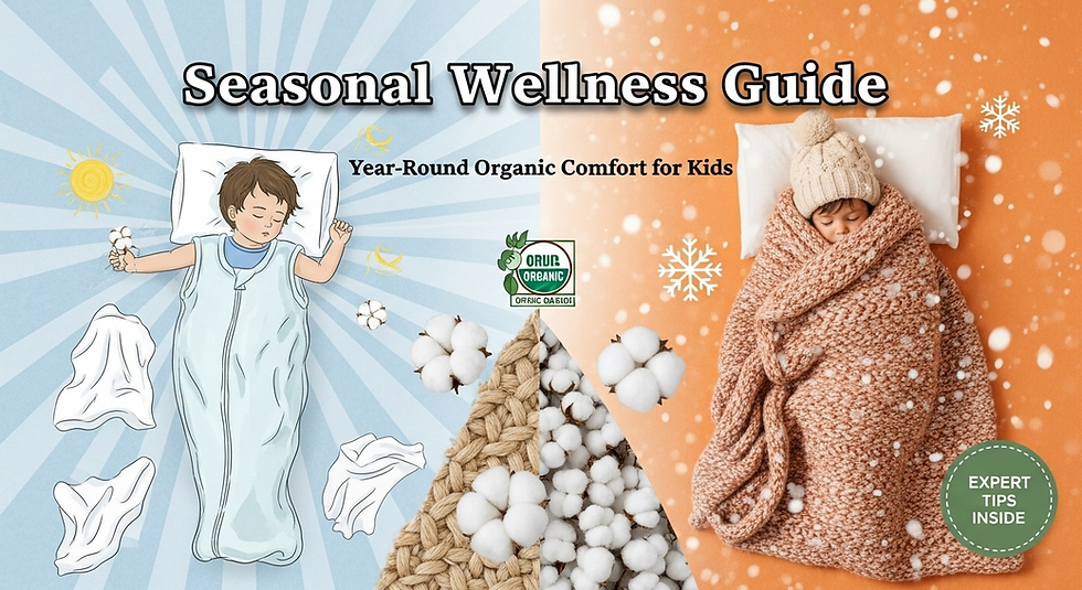 Seasonal wellness guide thumbnail showing child sleeping comfortably in organic bedding across summer and winter seasons with natural materials and cozy textures