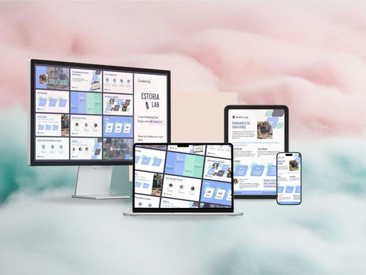 pastel cloud background with laptop, phone, tablet and monitor displaying sales materials from estoria lab