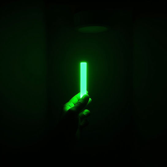 holding a green chem-light in a dark room.jpg