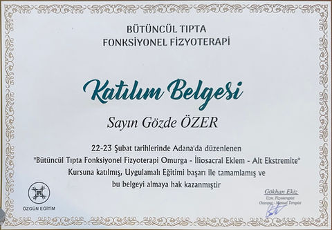 Fizyoterapist Gözde Özer Türkmen Fonksiyonel Fizyoterapi Sertifika