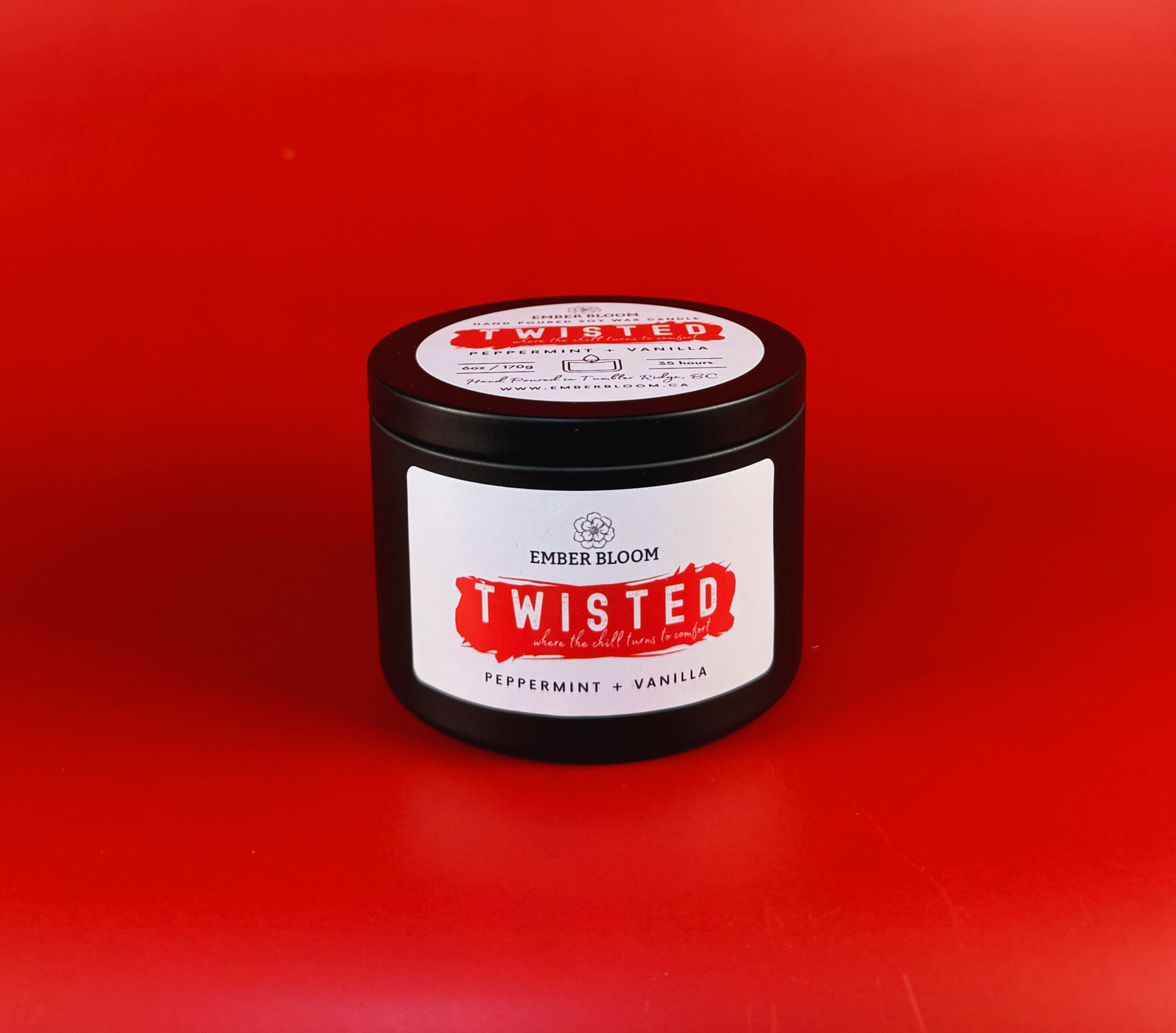 Hand-poured 6 oz soy wax candle, Twisted peppermint and vanilla scent, made in Canada.