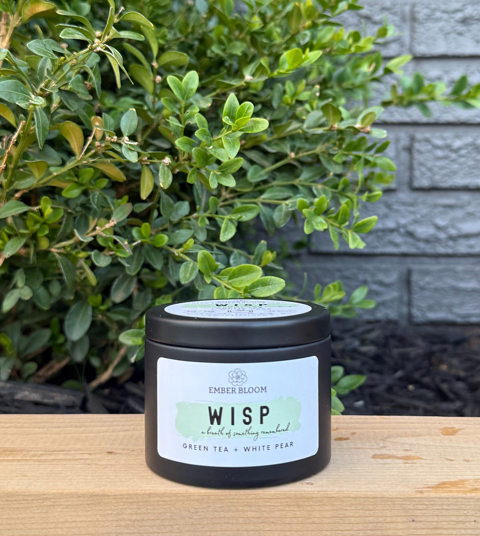 Thumbnail: Close-up of a hand-poured 3 oz soy wax candle, Wisp green tea and white pear fragrance.