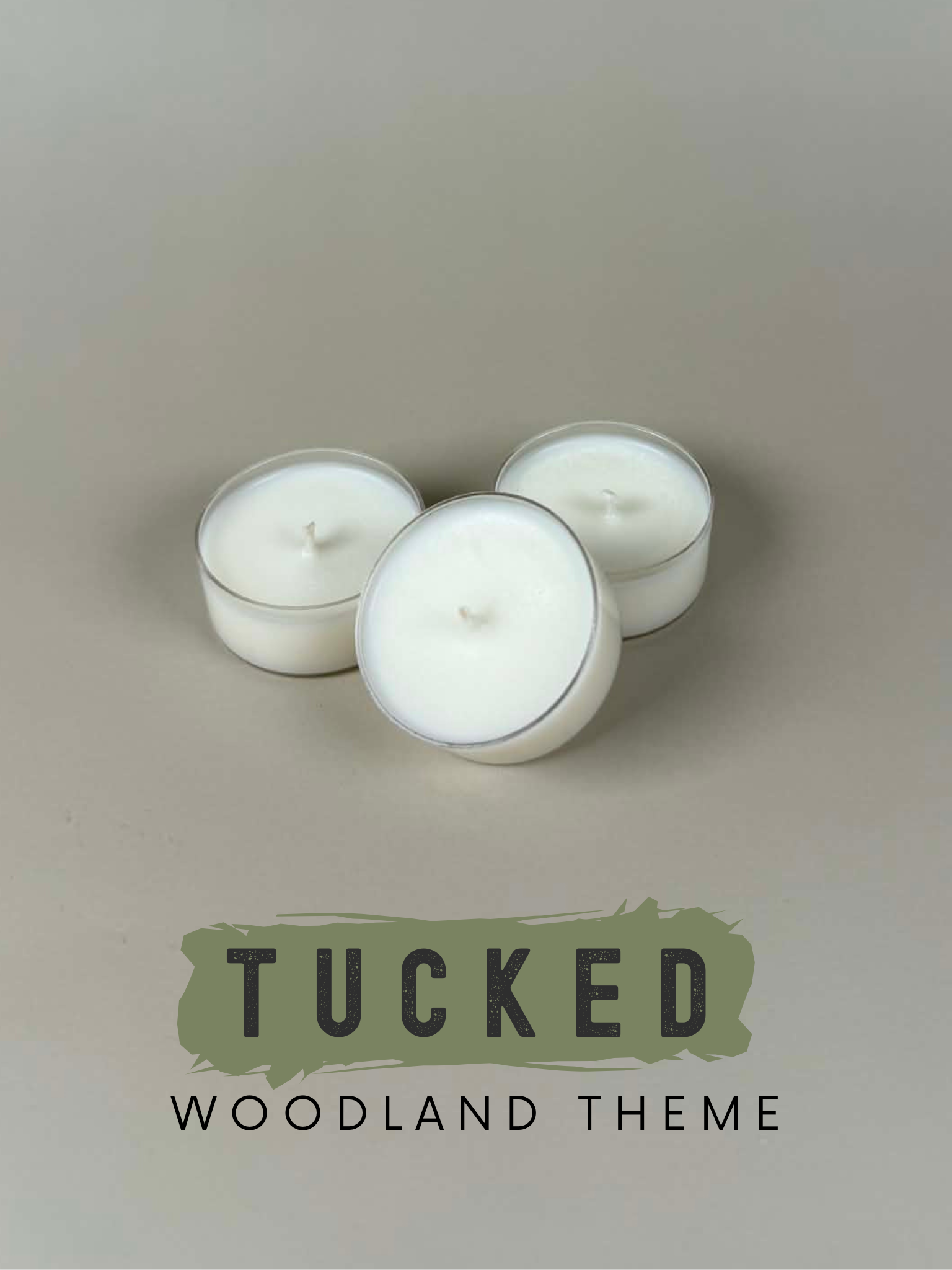 Close-up of a hand-poured soy wax tealight candle in a clear plastic cup, Tucked woodland fragrance.