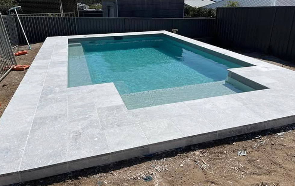 Modern concrete pool with sun shelf and contemporary paving in Sydney backyard