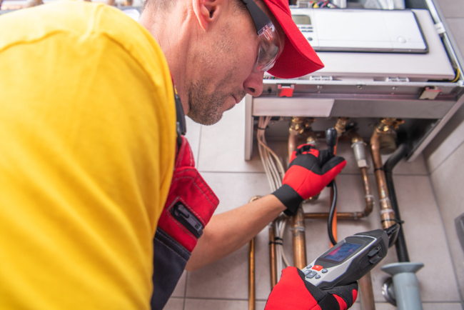 Hands hold HVAC gauges with blue and red hoses in front of an air conditioning unit. Thumbs up gesture shows approval. Warm lighting.