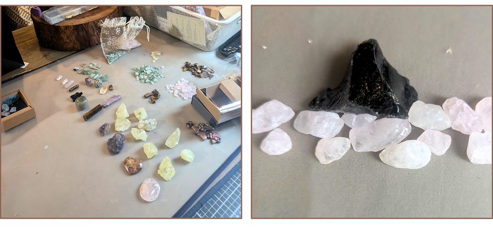 A collection of crystals and image of mountain and snow created out of black tourmaline and white quartz