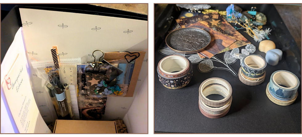 A gift bag showing some journalling items arranged in side. A tray with work in progress washi tapes and trinket dish.