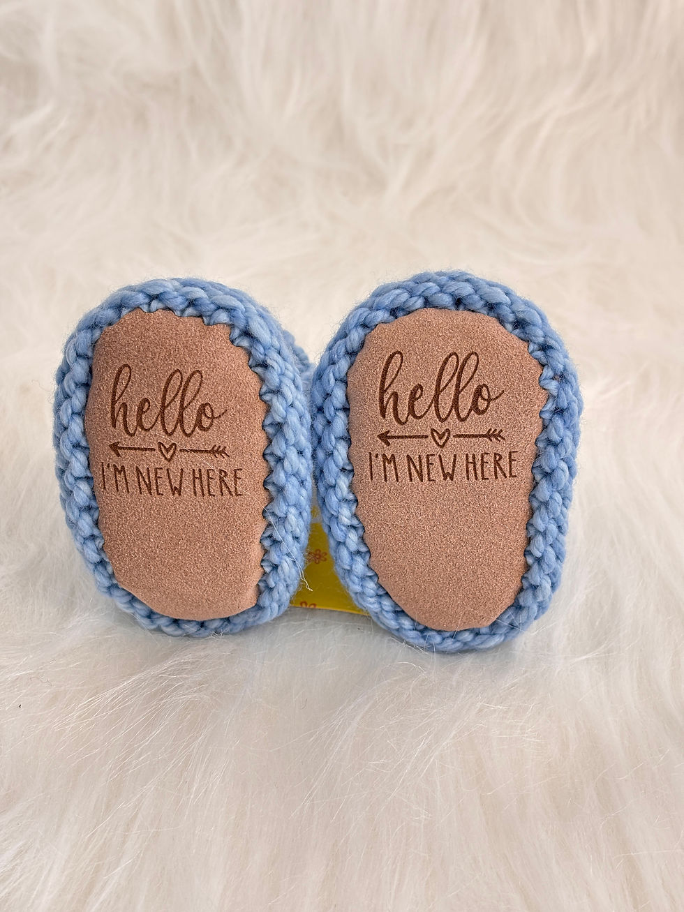 Thumbnail: Blue “Hello, I’m new here” booties with gift box
