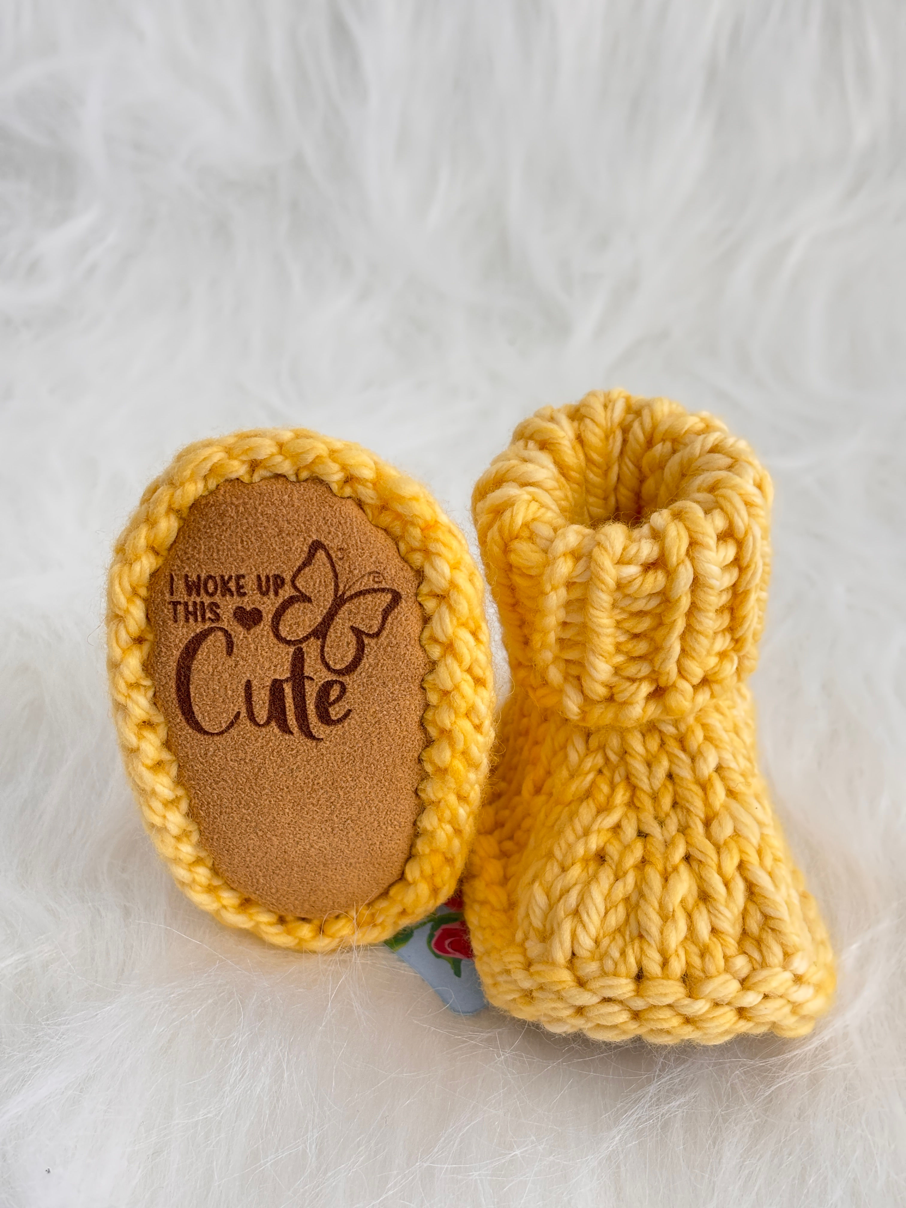 Lemon yellow “I woke up this cute” booties with gift box