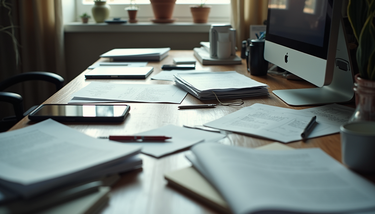 High angle view of a cluttered workspace with papers and devices scattered