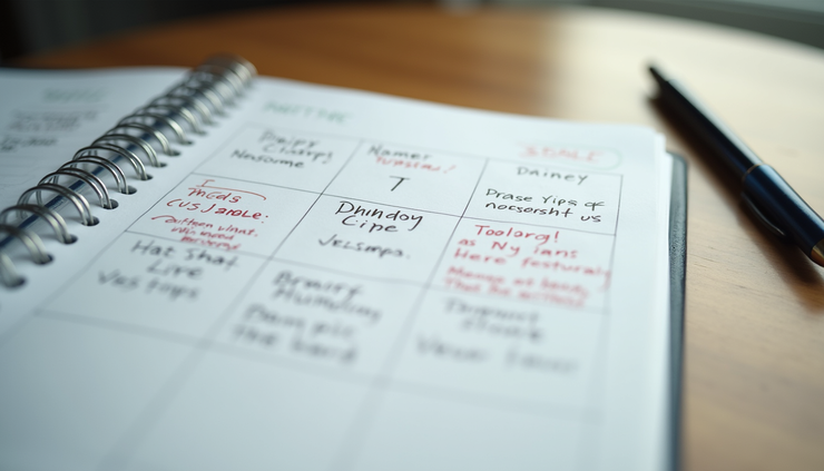 Close-up view of a calendar planner with weekly goals and notes written in pen