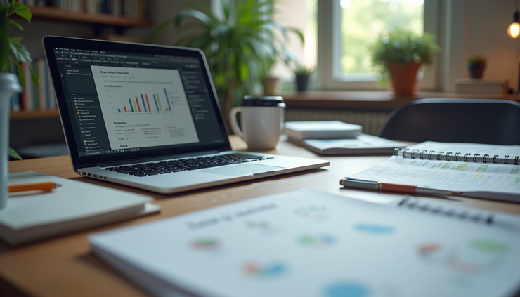 Eye-level view of a cluttered desk with scattered notes and a laptop showing marketing plans