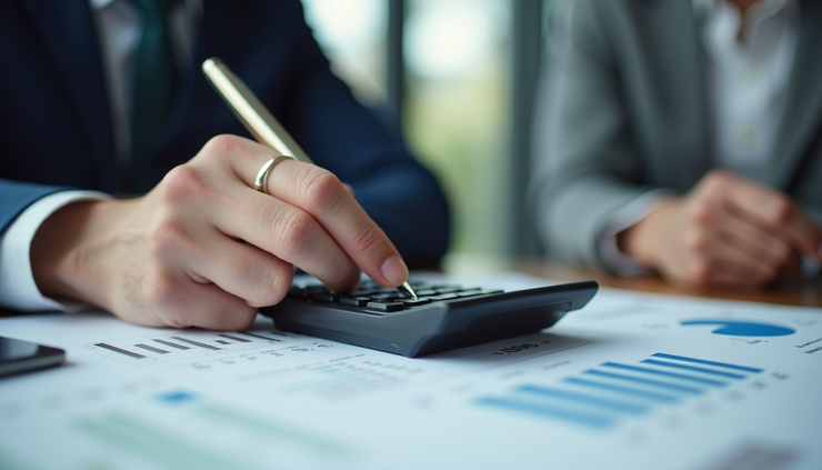Close-up view of a small business owner reviewing financial documents with a calculator