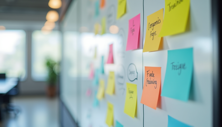 High angle view of a whiteboard with customer journey mapping and sticky notes